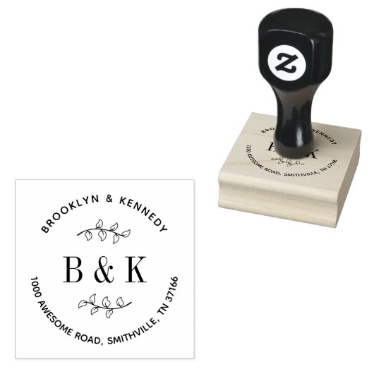 Floral Wedding Monogram Paar Naam Terug Adres Rubberstempel (Gestempeld)