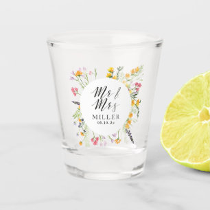 Floral Wedding Mr & Mrs Monogram Shot Glass Favor Glas
