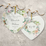 Floral Wedding Ornament Jubileum<br><div class="desc">Met een delicaat waterverf bloemperkool,  kan dit ornament van de kerkbruiloft of het jubileumstokje gepersonaliseerd worden met je speciale verjaardagsbericht,  namen en datum. Op de achterzijde staat een matchende bloemkool die elegante monogram initialen bedekt. Ontworpen door: Thisnotme©</div>