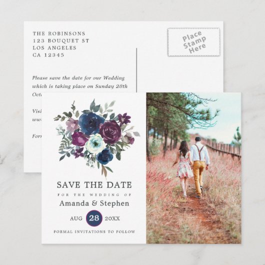 Floral Wedding Plum en Navy Briefkaart (Voorkant / Achterkant)