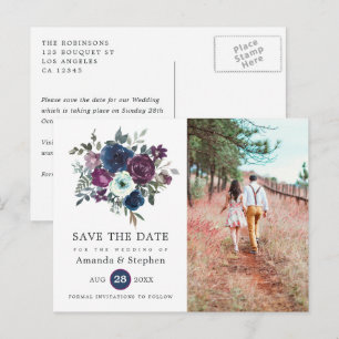 Floral Wedding Plum en Navy Briefkaart