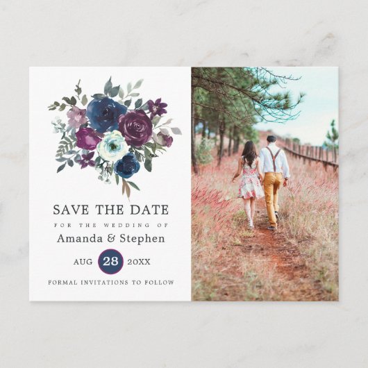 Floral Wedding Plum en Navy Briefkaart (Voorkant)