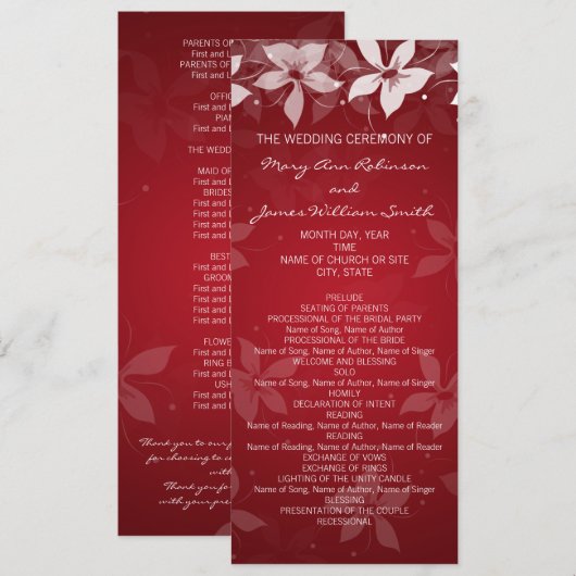Floral Wedding Program Exotic Blooms Red Programmakaart (Voorkant / Achterkant)