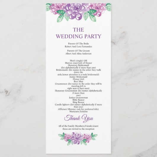 Floral Wedding Program Template Programmakaart (Achterkant)