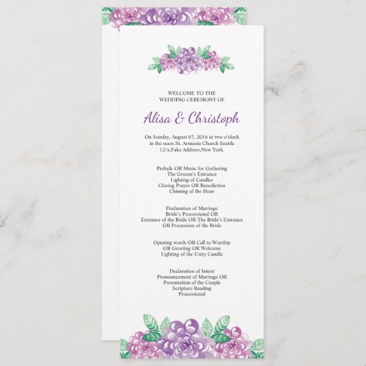 Floral Wedding Program Template Programmakaart (Voorkant / Achterkant)
