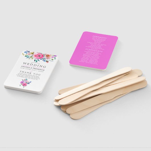 Floral Wedding Program voor hotroze Waterverf Handwaaier (Niet-gemonteerd)