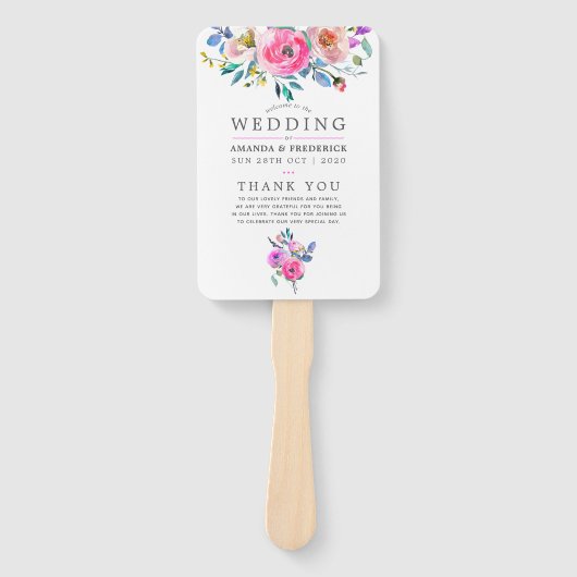 Floral Wedding Program voor hotroze Waterverf Handwaaier (Voorkant)