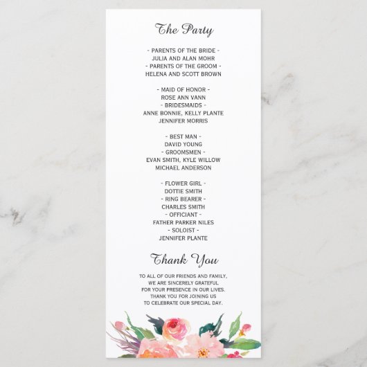 Floral Wedding Program voor Waterverf Programmakaart (Achterkant)