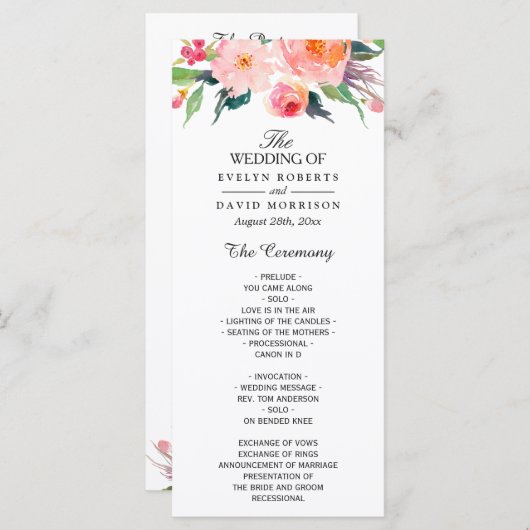 Floral Wedding Program voor Waterverf Programmakaart (Voorkant / Achterkant)