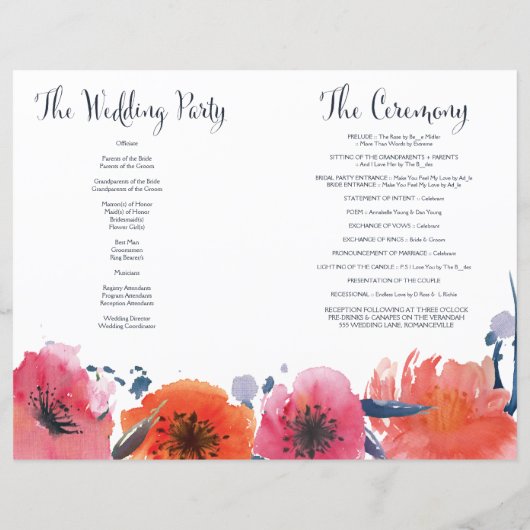 Floral Wedding Program Waterverf Navy (Achterkant)