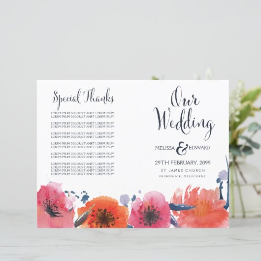 Floral Wedding Program Waterverf Navy (Staand voorkant)