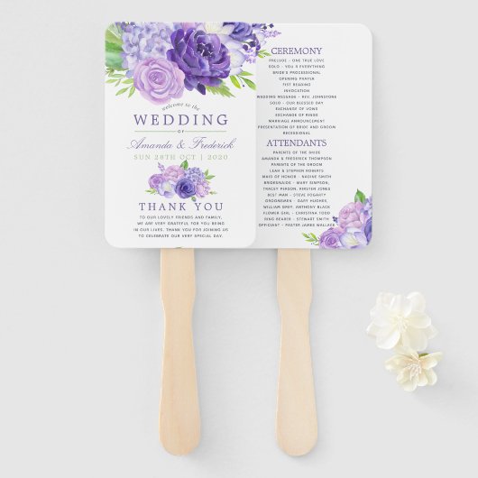 Floral Wedding Programme ultra Violet Waterverf Handwaaier (Voorkant en achterkant)