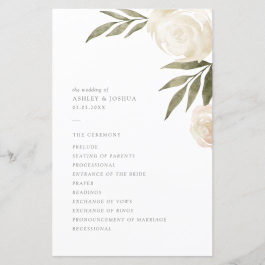 Floral Wedding Programme voor Elegant White Waterv (Voorkant)