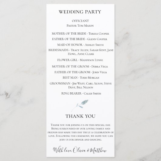 Floral Wedding Programme voor Stusty Blue Waterver Programmakaart (Achterkant)