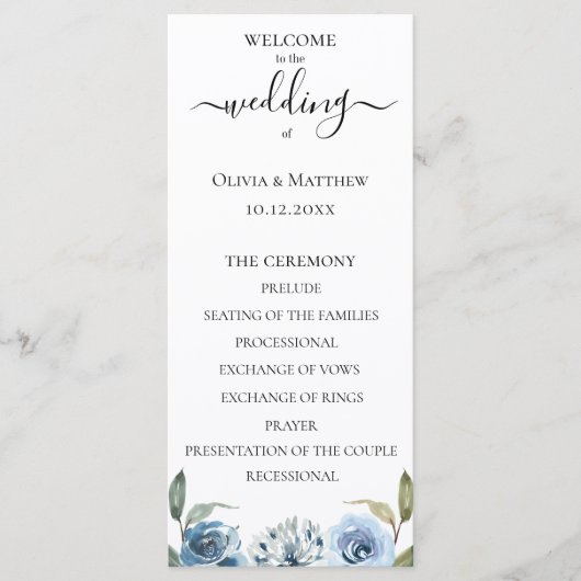 Floral Wedding Programme voor Stusty Blue Waterver Programmakaart (Voorkant)