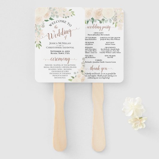 Floral Wedding Programme Waterverf Champagne Peach Handwaaier (Voorkant en achterkant)
