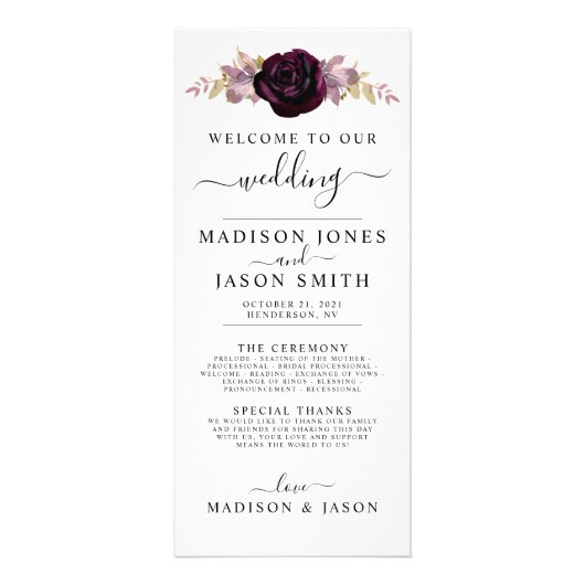Floral Wedding Programme Wine Plum Mauve Herfst Reclamekaart (Voorkant)