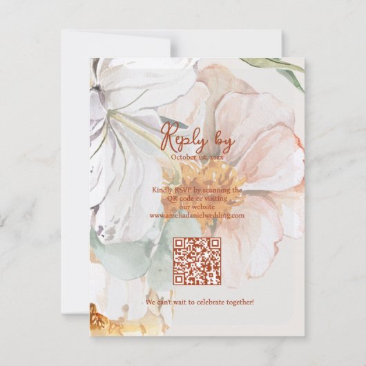 Floral Wedding Reply by with QR Code Blush Peach  RSVP Kaartje (Achterkant)
