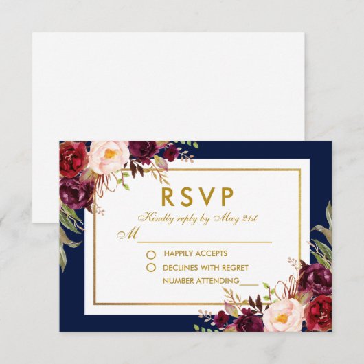 Floral Wedding RSVP Burgundy Gold Blue Waterverf (Voorkant / Achterkant)