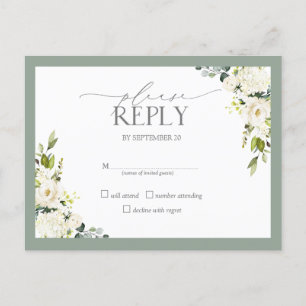 Floral Wedding RSVP White Grey Green Waterverf Uitnodiging Briefkaart