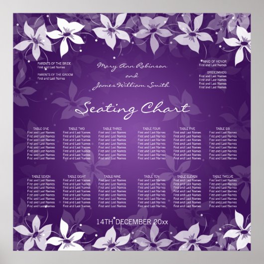 Floral Wedding Seating Chart Exotic Blooms Paars Poster (Voorkant)