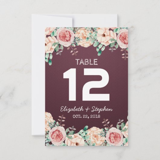 Floral Wedding Seding Place Table Number / Escort Kaart (Achterkant)