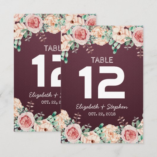 Floral Wedding Seding Place Table Number / Escort Kaart (Voorkant / Achterkant)