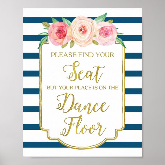 Floral Wedding Sign. Waterverf van Navy Gold Pink Poster (Voorkant)