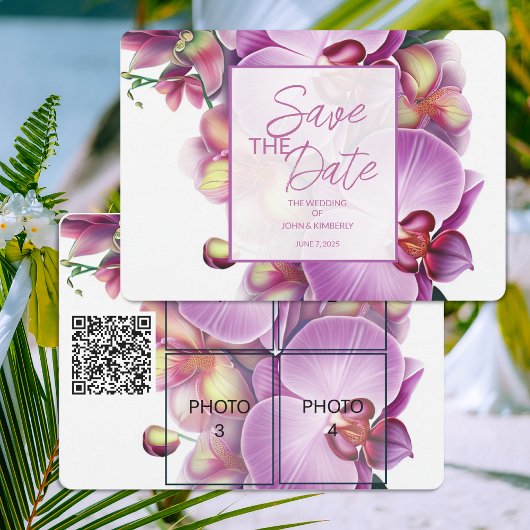 Floral Wedding Sla de datum op Vier foto's & QR-co Save The Date