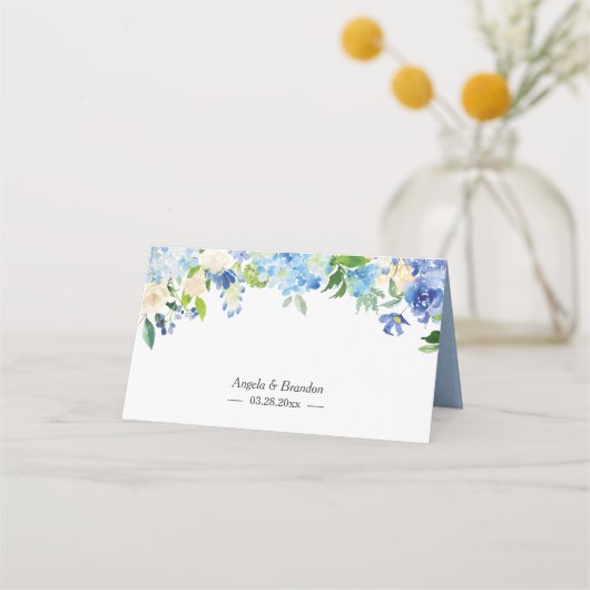Floral Wedding Table Blue Hydrangea Waterverf Plaatskaartje (Achterkant)