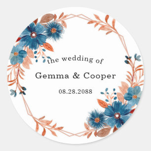 Floral Wedding Terracotta en Navy Blue Waterverf Ronde Sticker