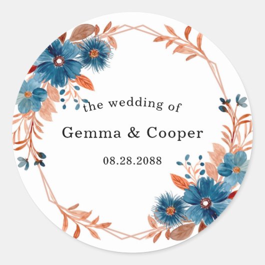 Floral Wedding Terracotta en Navy Blue Waterverf Ronde Sticker (Voorkant)