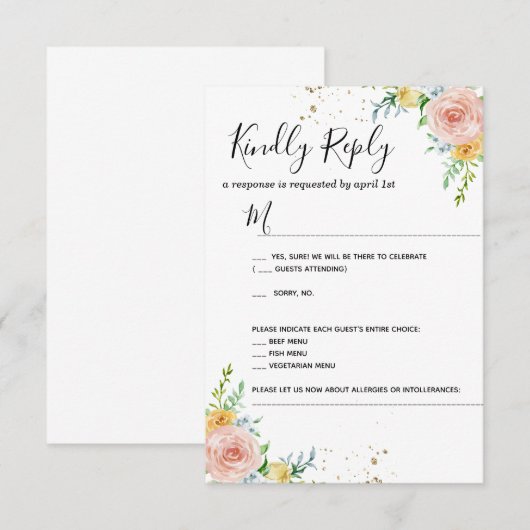 Floral Wedding-uitnodiging RSVP-kaart goudschemeri RSVP Kaartje (Voorkant / Achterkant)