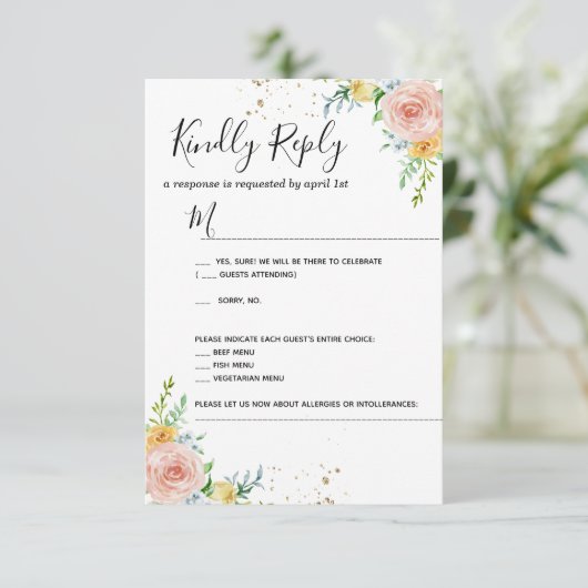 Floral Wedding-uitnodiging RSVP-kaart goudschemeri RSVP Kaartje (Staand voorkant)