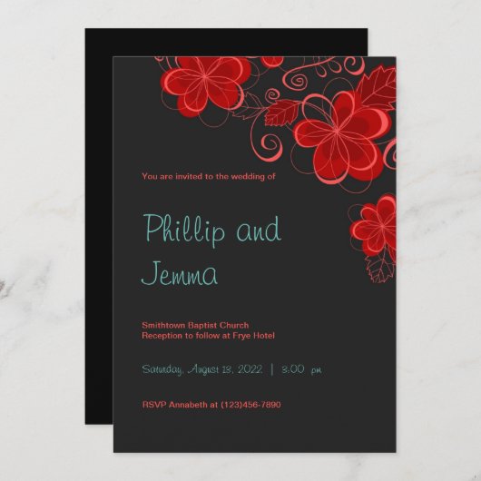 Floral Wedding-uitnodiging voor zwarte en rode Ret Kaart (Voorkant / Achterkant)