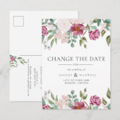 Floral Wedding Verander de Datum Bourgogne & Blush Aankondigingskaart (Voorkant / Achterkant)