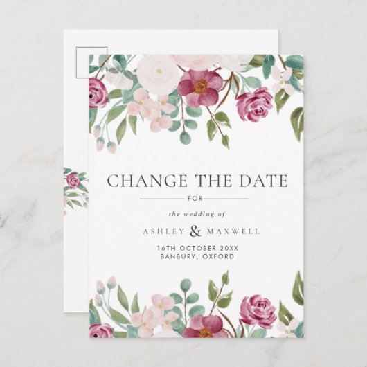 Floral Wedding Verander de Datum Bourgogne & Blush Aankondigingskaart (Voorkant / Achterkant)