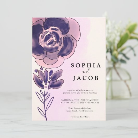 Floral Wedding Violet Roos Gold Waterverf Kaart (Staand voorkant)