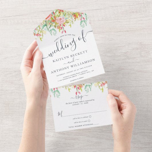 Floral Wedding Waterverf van de Elegant Spring Sum All In One Uitnodiging (Afscheurbaar)