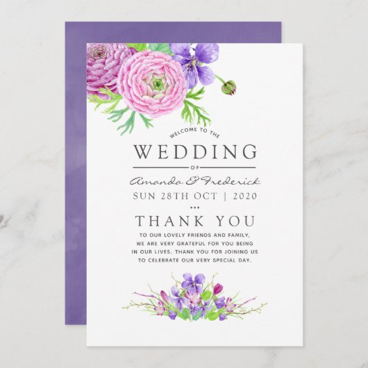Floral Wedding Waterverf Violet and Plum Programmakaart (Voorkant / Achterkant)