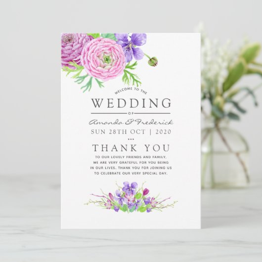 Floral Wedding Waterverf Violet and Plum Programmakaart (Staand voorkant)