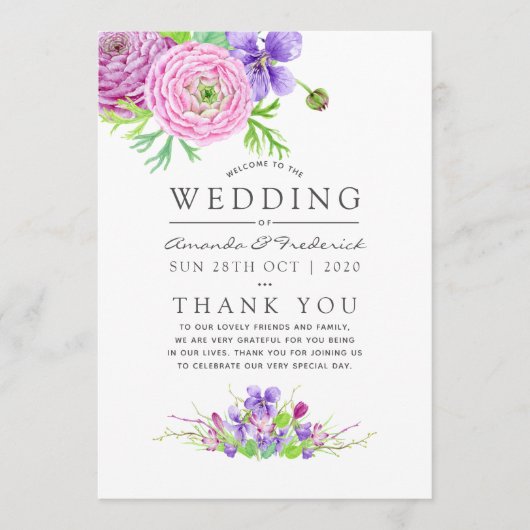 Floral Wedding Waterverf Violet and Plum Programmakaart (Voorkant)