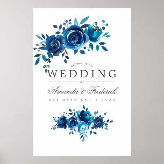 Floral Wedding Welcome Navy and White Waterverf Poster (Voorkant)