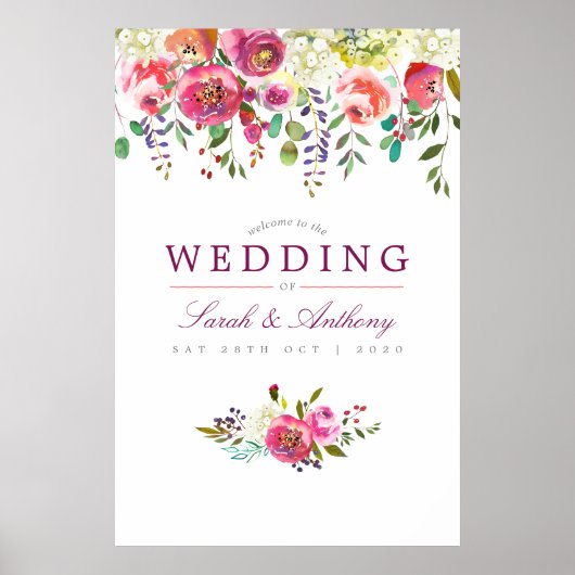 Floral Wedding Welcome Plum and Peach Waterverf Poster (Voorkant)