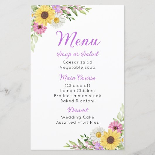 Floral Wedding Wildflower Sunflower Daisy Menu (Voorkant)