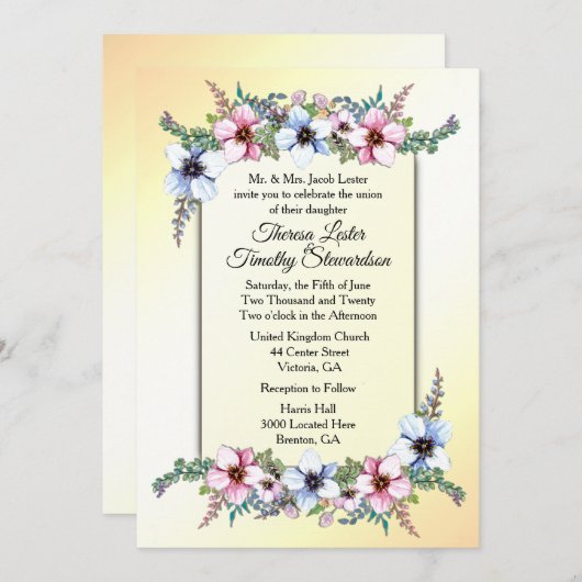 Floral Wedding Yellow Invitation Kaart (Voorkant / Achterkant)