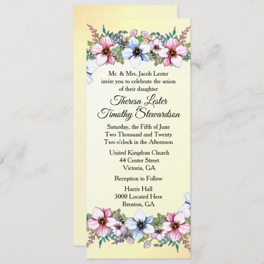 Floral Wedding Yellow Invitation Kaart (Voorkant / Achterkant)