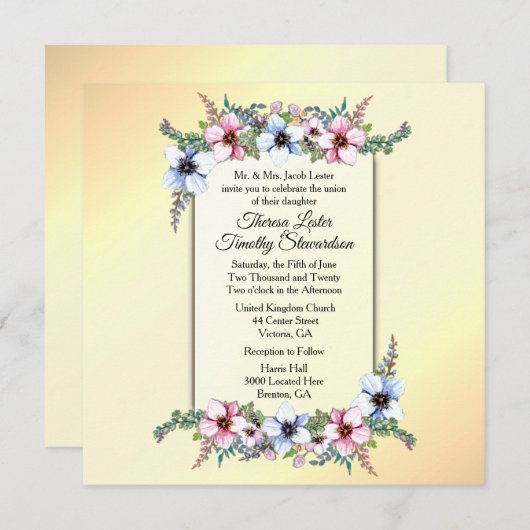 Floral Wedding Yellow Invitation Kaart (Voorkant / Achterkant)
