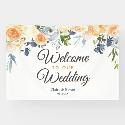 Floral Welcome Wedding Navy Blue Coral Waterverf Spandoek (Horizontaal)