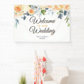 Floral Welcome Wedding Navy Blue Coral Waterverf Spandoek (Insitu)